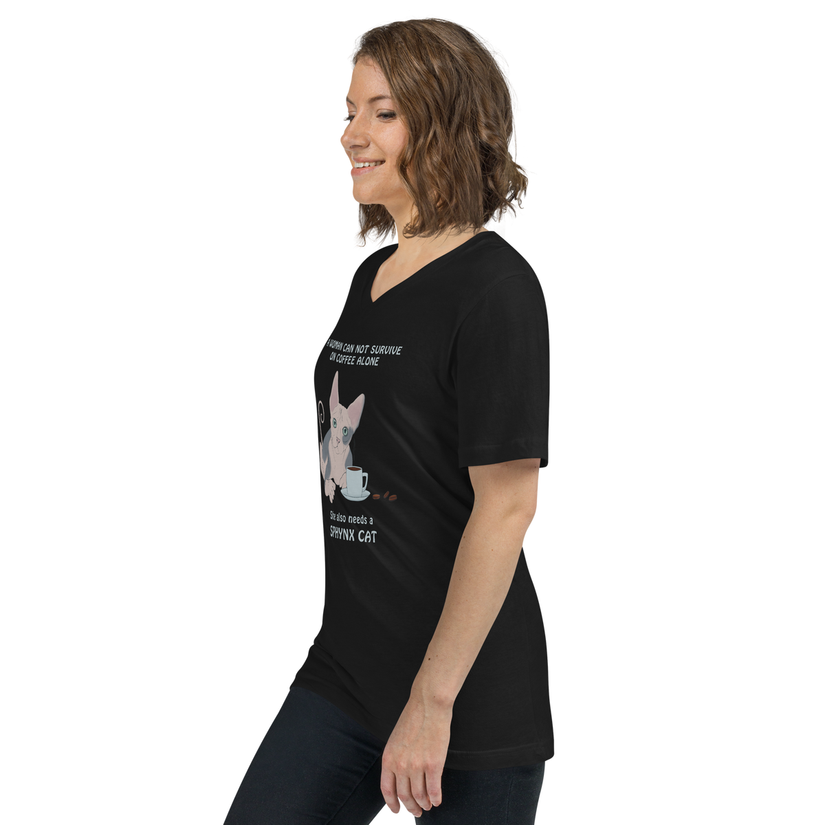 "WOMAN CAN'T SURVIVE ON COFFEE ALONE" WOMAN'S V-NECK TEE